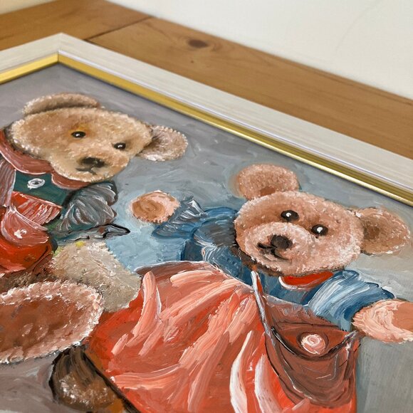 Teddy Bear Friends Original Framed Painting Vintage Signed GW '98 - Picture 3 of 5